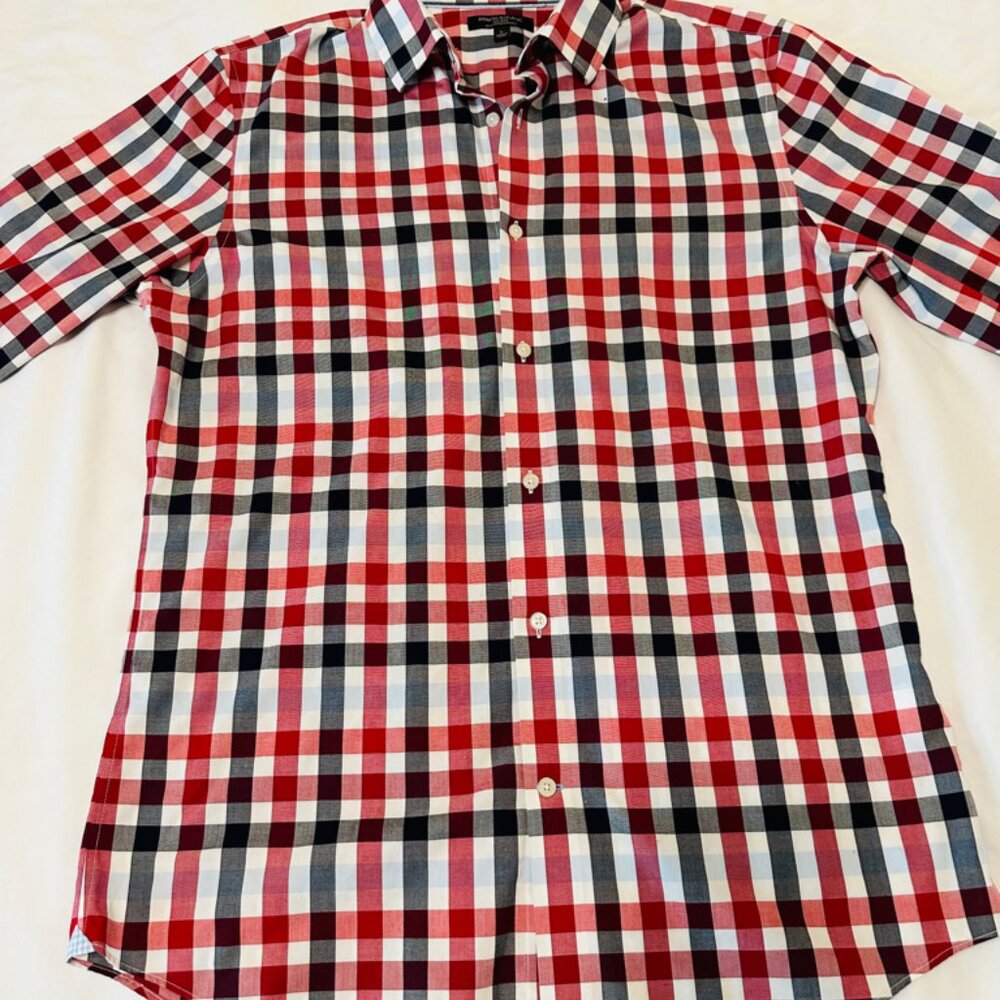 Banana Republic Men Shirt Large Red White Blue Grant Fit Non Iron Button Up